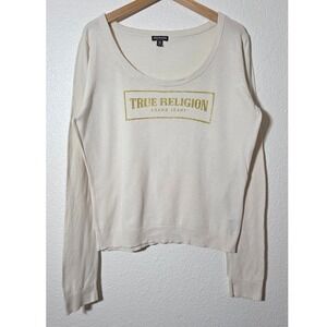True Religion Rhinestone Logo Sweater XL Cream Y2K McBling Neutral Knit